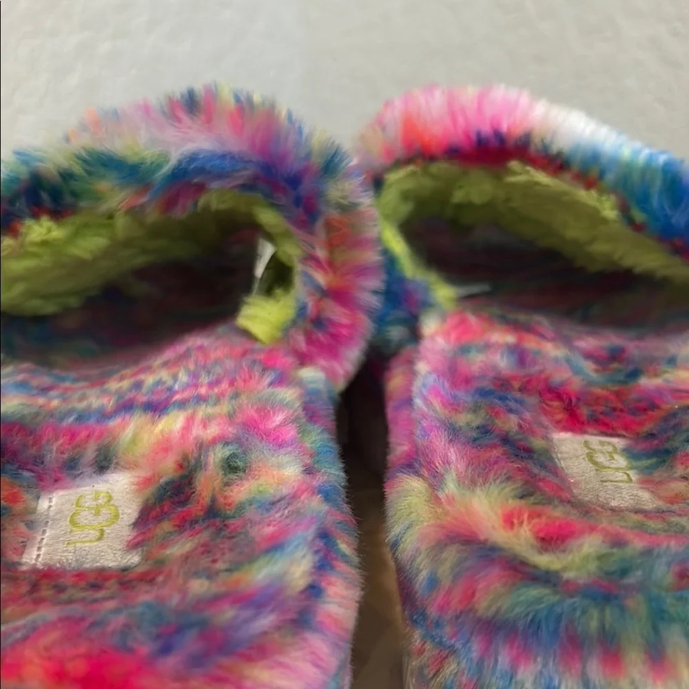 UGG Pink and Green Fuzzy Slippers